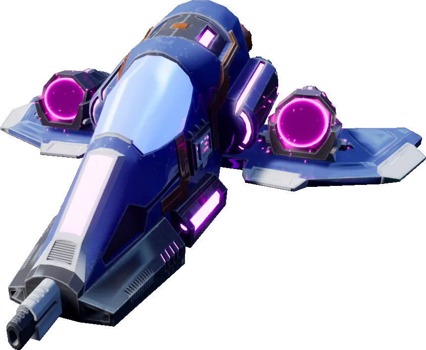 The Shifter fighter craft: a blue and navy armoured hull with a light-blue canopy, copper trim and glowing magenta thruster rings.